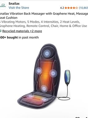 Snailax NIB Graphene Heat Vibration Back Massager Cushion - Gray